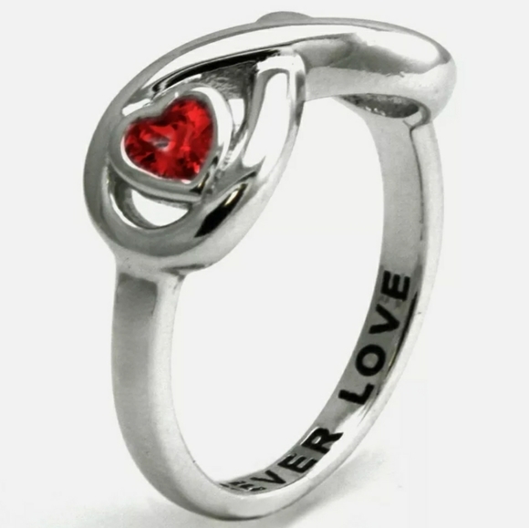 VALENTINES DAY Sterling Silver Engraved Red CZ Heart ring - Picture 2 of 2